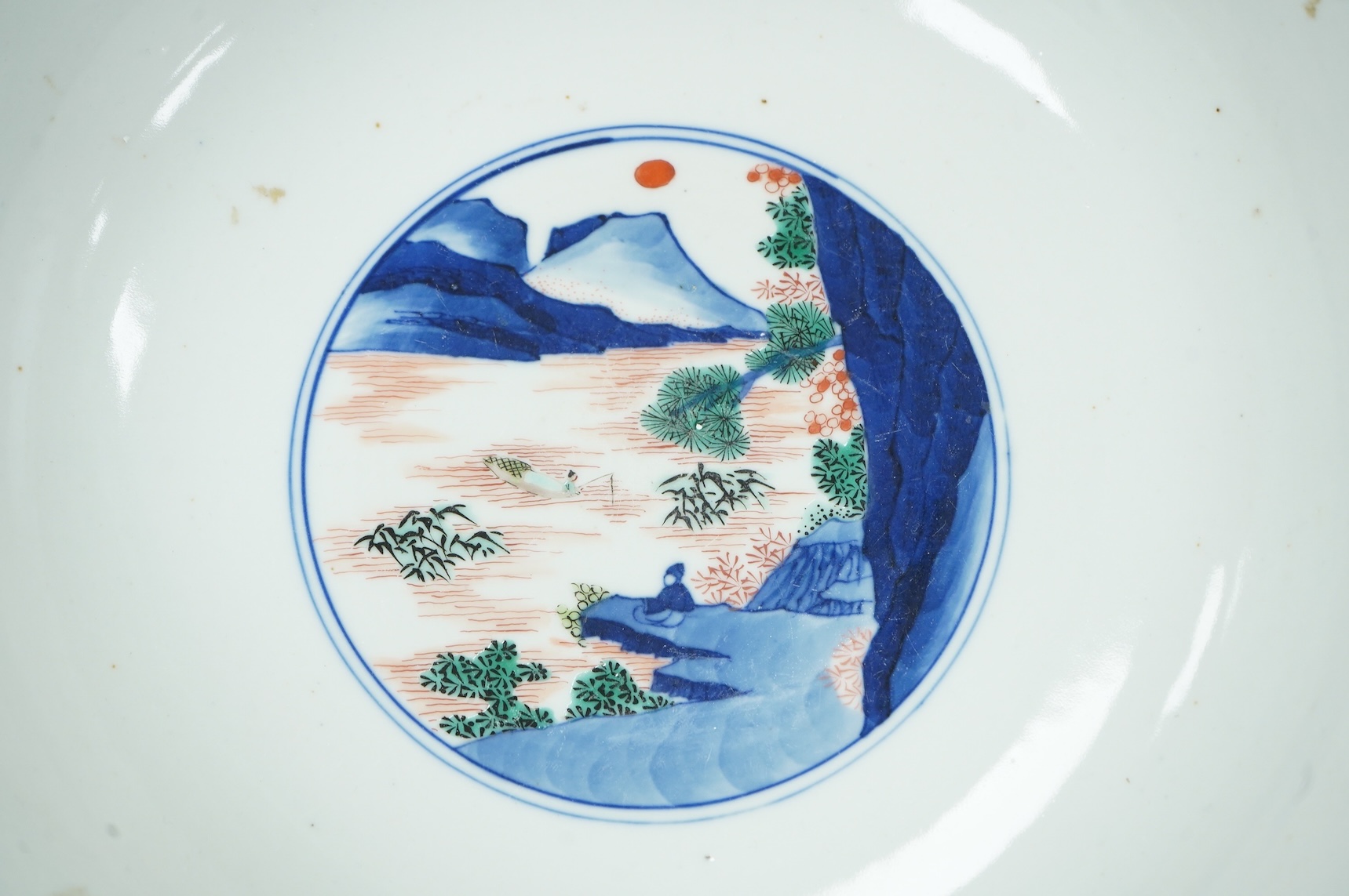 A Chinese famille verte ‘warriors’ bowl and a blue and white ginger jar, bowl 29.5cm diameter